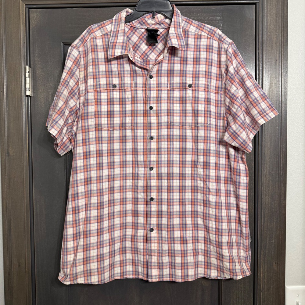 The North Face Mens XXL Plaid Short Sleeve Button Down Shirt Orange Blue White
